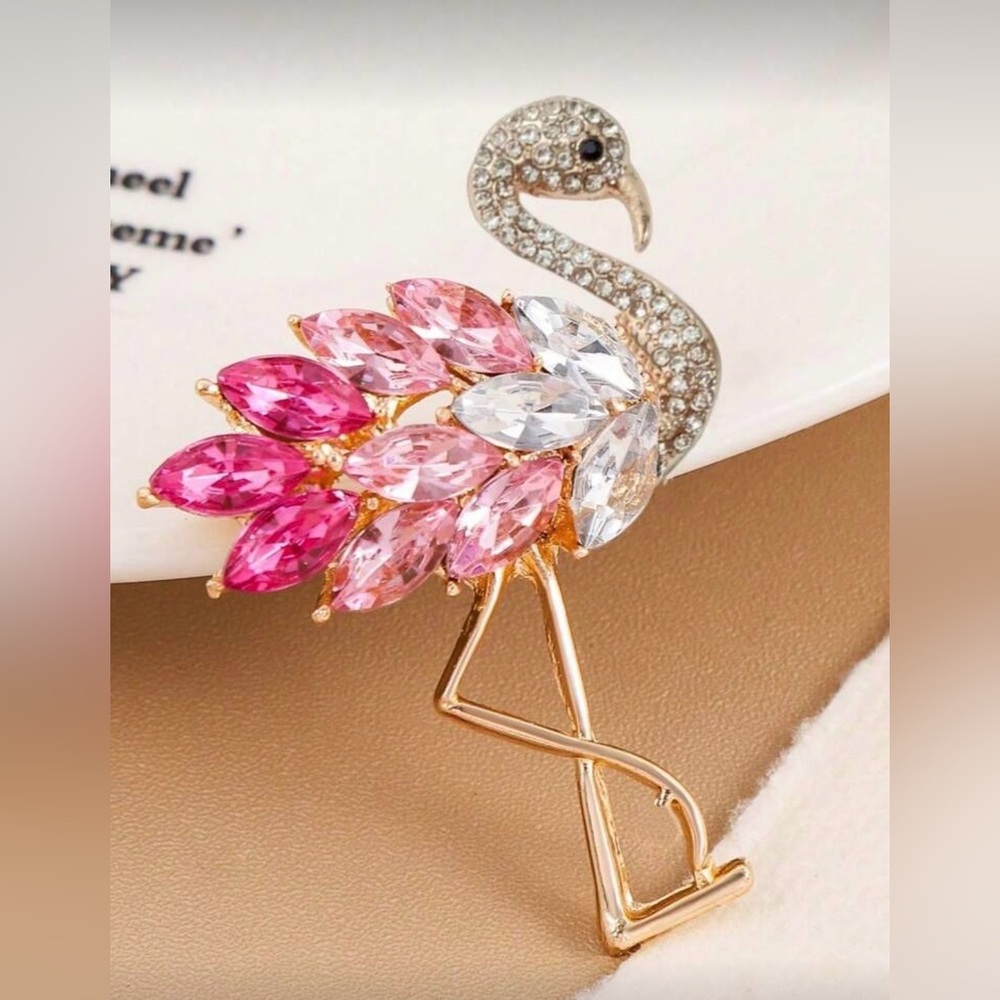 Crystal Flamingo Brooch Pin - Pink and Clear Rhinestones